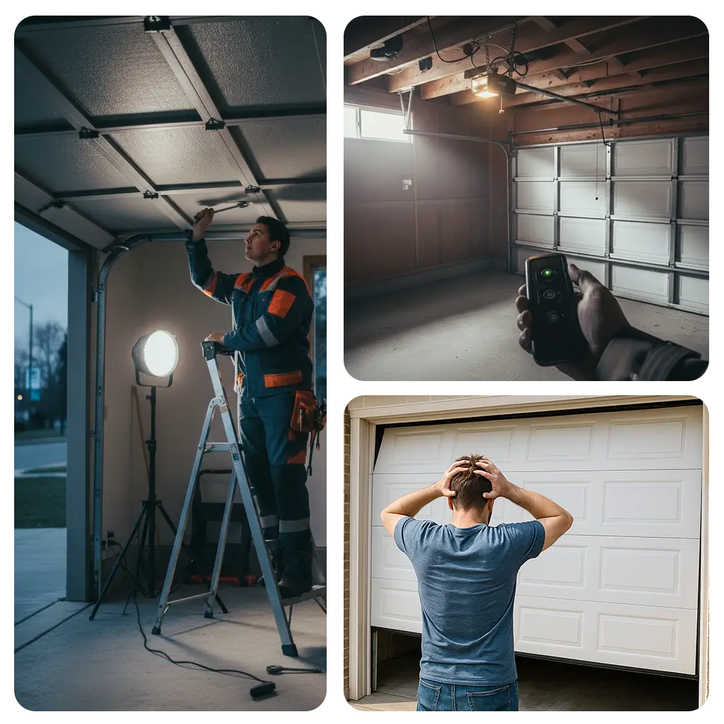 Garage door technician inspecting a white door, remote control operation, and a homeowner with a broken garage door.